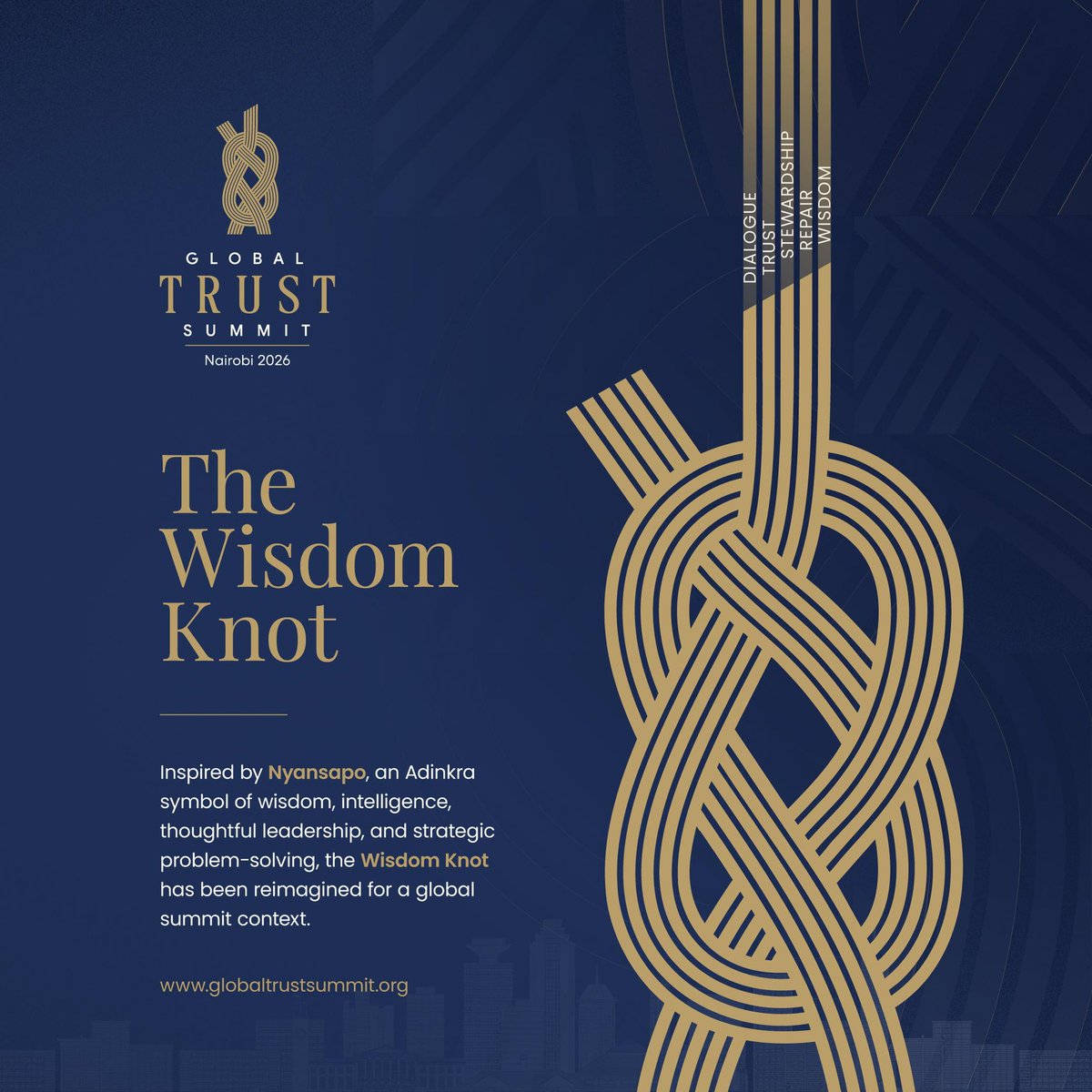 GTSummit2026's tweet photo. What keeps us bound to one another when the threads begin to fray?  The Wisdom Knot the symbol at the heart of the Global Trust Summit 2026. Inspired by Nyansapo, the Adinkra symbol of wisdom, intelligence, and strategic thinking. 
#GlobalTrustSummit
#GTS2026
#WeavingTrust https://t.co/c7YGoMkSe5