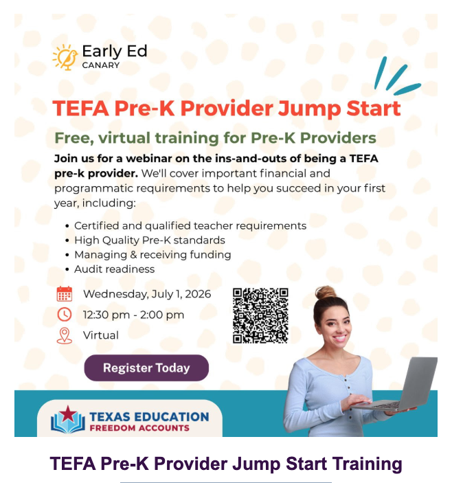 earlylearningtx's tweet photo. Did you miss the recent TEFA Jump Start training in Fort Worth? 

No worries! Join the virtual session on July 1st. We’ll cover what it means to provide high-quality TEFA pre-k, plus the financial and programmatic requirements you'll need to meet in your first year. https://t.co/m3DDGeiBMF