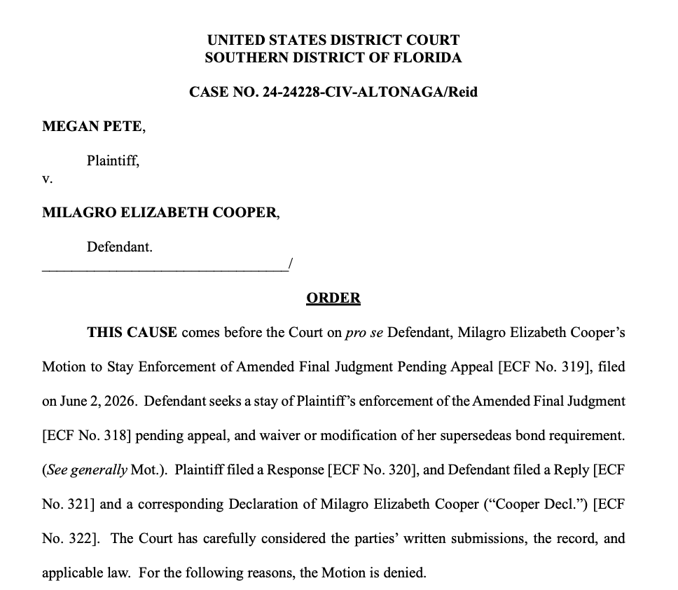 meghanncuniff's tweet photo. New this morning:

Judge Altonaga in Miami has rejected Milagro's request to stay the $75,000 judgment in Megan Thee Stallion's defamation lawsuit until after she appeals. https://t.co/iEwtpxMOtU