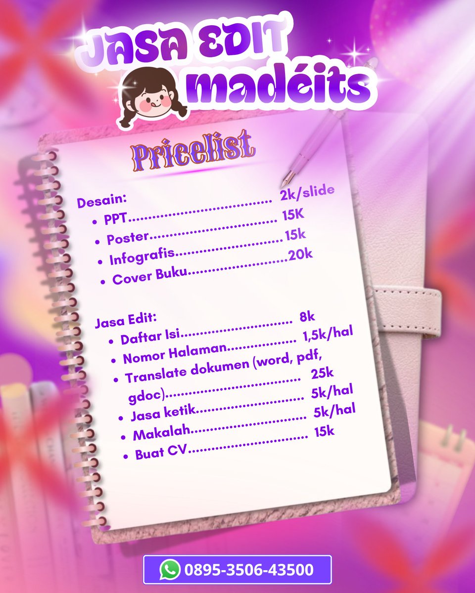 Piiyyzeaa's tweet photo. halooo guissss, aku masi open jasa edit yawwww🩷🩷🌸🌷
°PPT
°POSTER
°INFOGRAFIS
°DAFTAR ISI
°NOMOR HALAMAN
°JASA KETIK
°TRANSLETE DOKUMEN
°MAKALAH
°CV
°DLL
yang mau liat portofolio bisa DM/chat yawww🤗🤗
#zonauang
#jasaedit #fyp https://t.co/q1IcE5GkEd