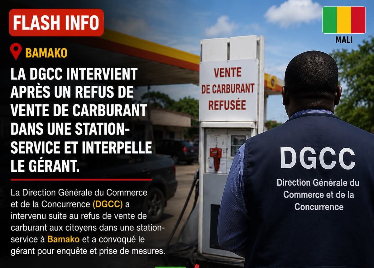 MALIi24h's tweet photo. 🚨🇲🇱 FLASH | Bamako
La DGCC est intervenue après un refus de vente de carburant dans une station-service. Le gérant a été interpellé et une enquête est en cours.
#Mali #Bamako #DGCC https://t.co/hMCV7Pdnxs
