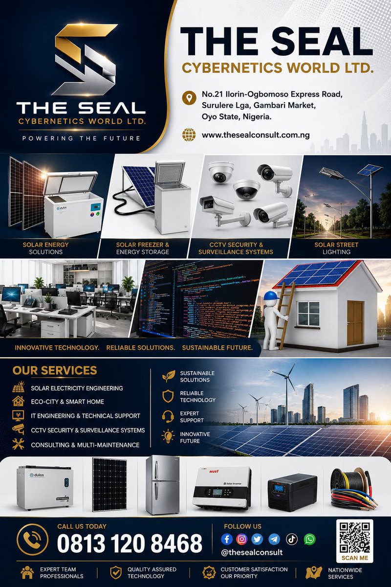 thesealconsult's tweet photo. Powering the future with sustainable and reliable technology! ⚡️
From solar energy systems and smart home automation to advanced CCTV security and IT engineering, The Seal Cybernetics World Ltd. provides innovative solutions designed for a sustainable tomorrow. https://t.co/q6T10HMtzJ