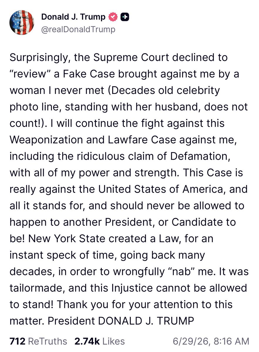 MeidasTouch's tweet photo. Trump rages after the Supreme Court declines to take up his E. Jean Carroll appeal and further defames her. Trump says this “never be allowed to happen to another President, or Candidate to be!” https://t.co/axGLV5p5Gb