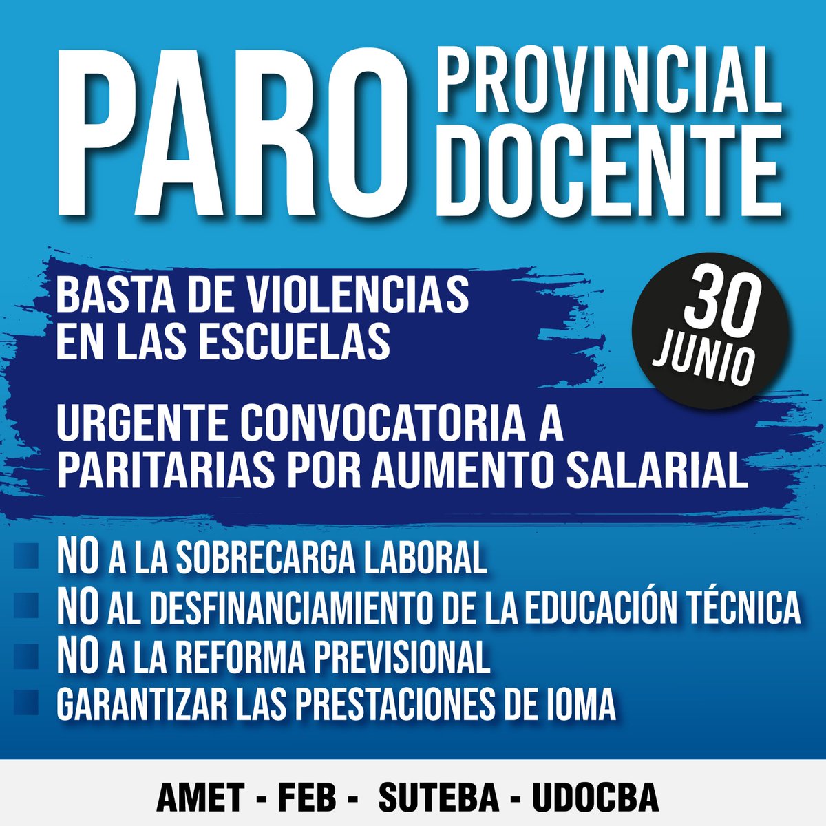 UdocbaF's tweet photo. 🔴 PARO PROVINCIAL DOCENTE 
30 de junio 
Basta de violencia en las escuelas https://t.co/oOlDLS02qb