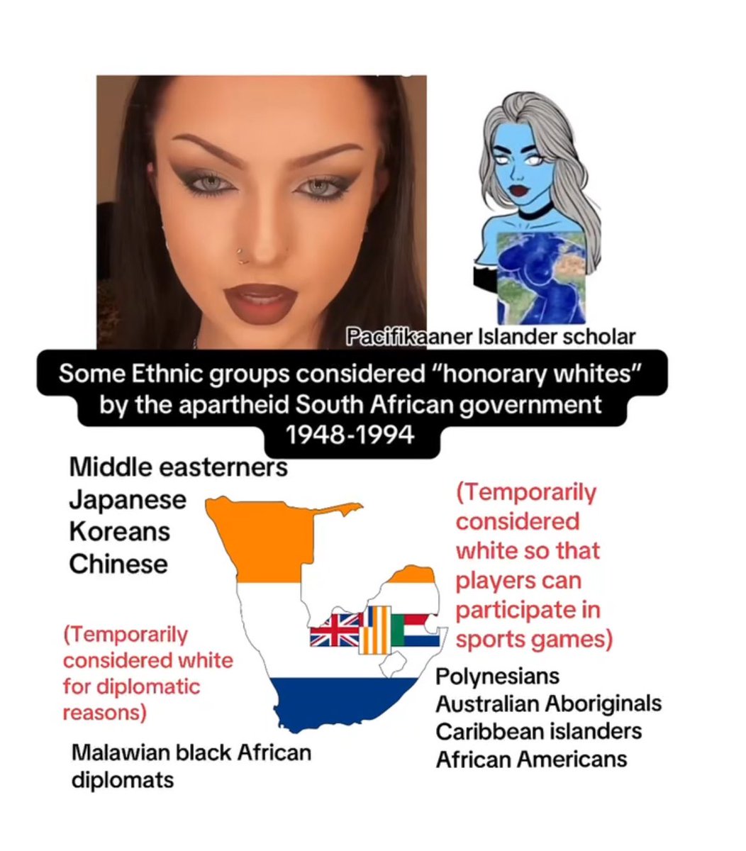 pacifikaaner's tweet photo. Some Ethnic groups considered “honorary whites” by the apartheid South African government #history #geography #map #maps #mapper #mapping #cartography #fact #facts #interestingfacts #interesting #fyp #meme #memes #dankmemes #dailymemes https://t.co/ihrzeeYnn6