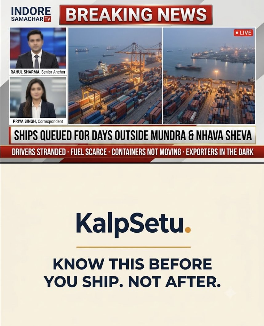 KalpSetumain's tweet photo. Ships queued for days outside Mundra &amp; Nhava Sheva this week. Drivers stranded. Fuel scarce. Containers stuck.

Check your route before you commit, not after.

#IndianExports #ExportIndia https://t.co/DSgOtNBTw5
