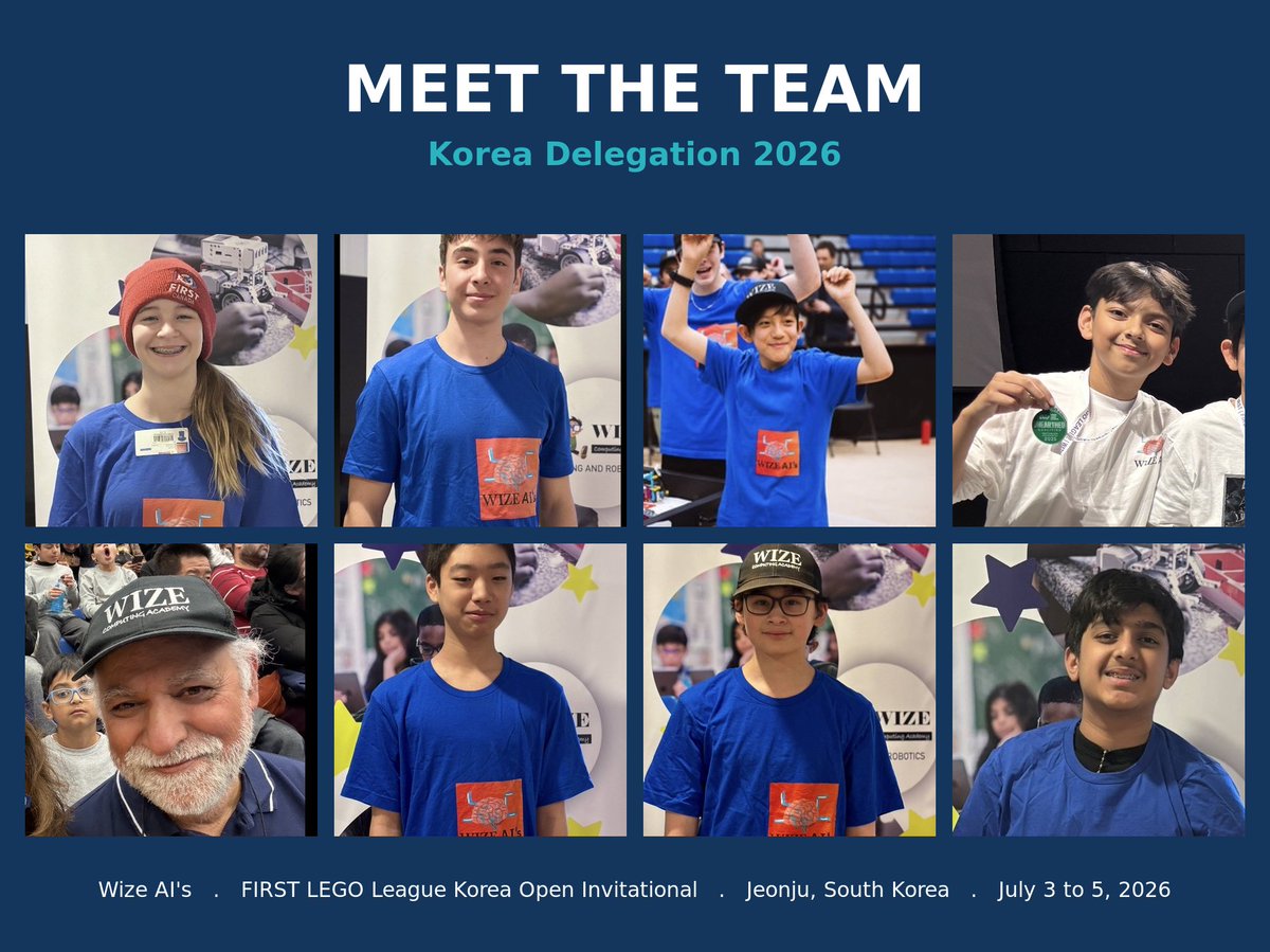 wizeacademy's tweet photo. 🇨🇦 ✈️ 🇰🇷 Team Wize AI's is headed to the FIRST LEGO League Korea Open Invitational in Jeonju, July 3 to 5, the first Wize Academy team to represent Canada internationally! Thank you to our sponsors and community for raising $9,500 to get them there. Go Wize AI's! 🏆 #FLL #STEM https://t.co/AQwAchN82B