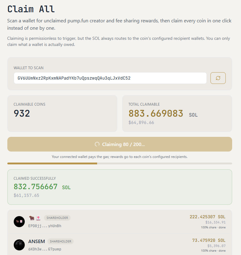 rdbotato's tweet photo. just claimed $63k for ansem.

883 SOL in fees, sitting across 932 different coins. 

built a tool that scans the chain, finds every coin pointed at a wallet, and claims all of them in one click. permissionless, so it all routed straight to him. i got nothing. that's the point.

@blknoiz06 check your wallet.