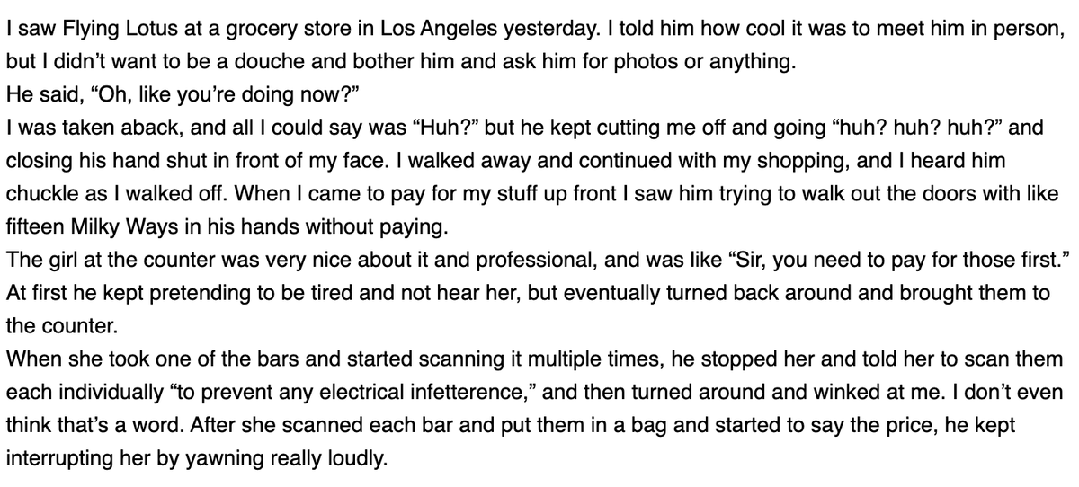 knowyourmeme's tweet photo. On this day 14 years ago, the earliest version of the "I Saw Flying Lotus in a Grocery Store..." copypasta was posted to the /mu/ 4chan message board. https://t.co/IEixew8vkY