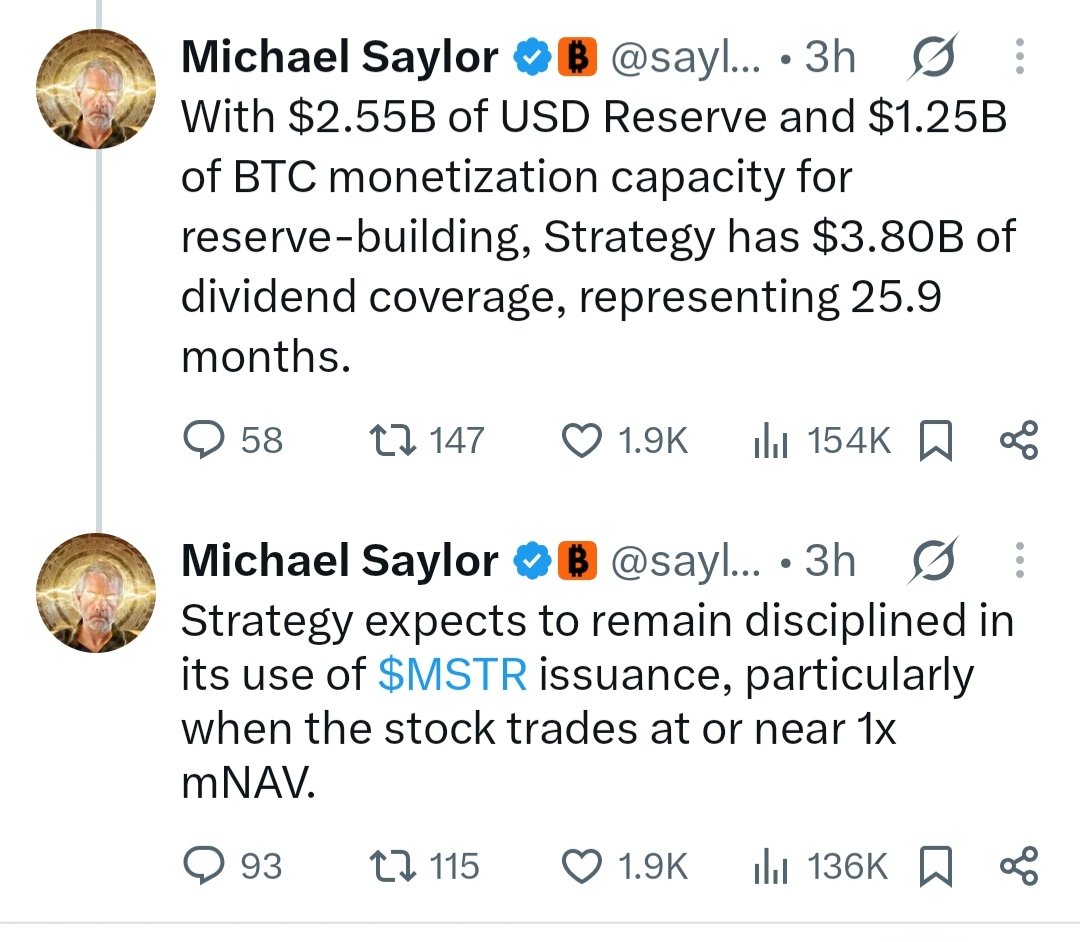 CryptoAcademy_O's tweet photo. 🚨 Strategy Inc's new Digital Credit Capital Framework is here!

🔹 $3.8B dividend coverage (25.9 mos) via $2.55B cash + $1.25B BTC monetization.
🔹 12% STRC Dividend
🔹 $2B in total buybacks

Saylor confirms disciplined $MSTR issuance near 1x mNAV. 🚀

#CryptoAcademyCommunity https://t.co/1wEhoCIgIU