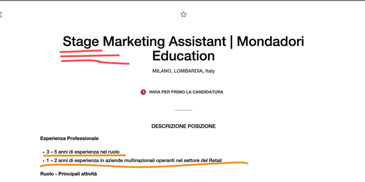LaGrevia's tweet photo. In Mondadori vogliono un tirocinante con 5 anni di esperienza. 
A questo punto ci si chiede come mai non sia richiesto anche che a pagare sia il tirocinante. https://t.co/tbbHC1uPmC