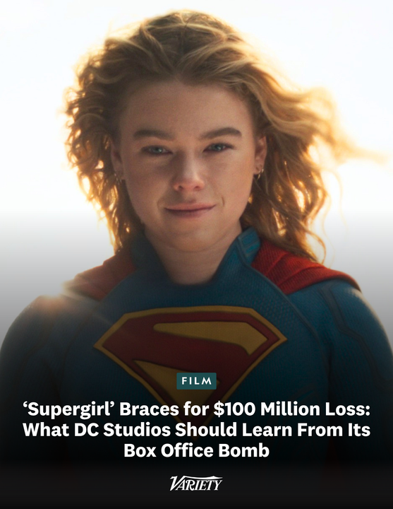 Variety's tweet photo. #Supergirl stands to lose $100 million after opening to just $68 million worldwide.

The DC Studios tentpole cost $170 million to produce and roughly $120 million to market. A source close to “Supergirl” says the movie would need to gross $300 million to break even at the box office. Some project the film's losses will be closer to $80 million if ticket sales can manage to hit $200 million.

“This was always going to be a tough hurdle for DC and Warner Bros. because Supergirl isn’t a character that has ever created an event-level blockbuster,” says analyst Jeff Bock of Exhibitor Relations. “Audience perception of ‘Supergirl’ was not good. This is just a case of the film wasn’t good enough to become an event.”

https://t.co/66OP7PzuIZ