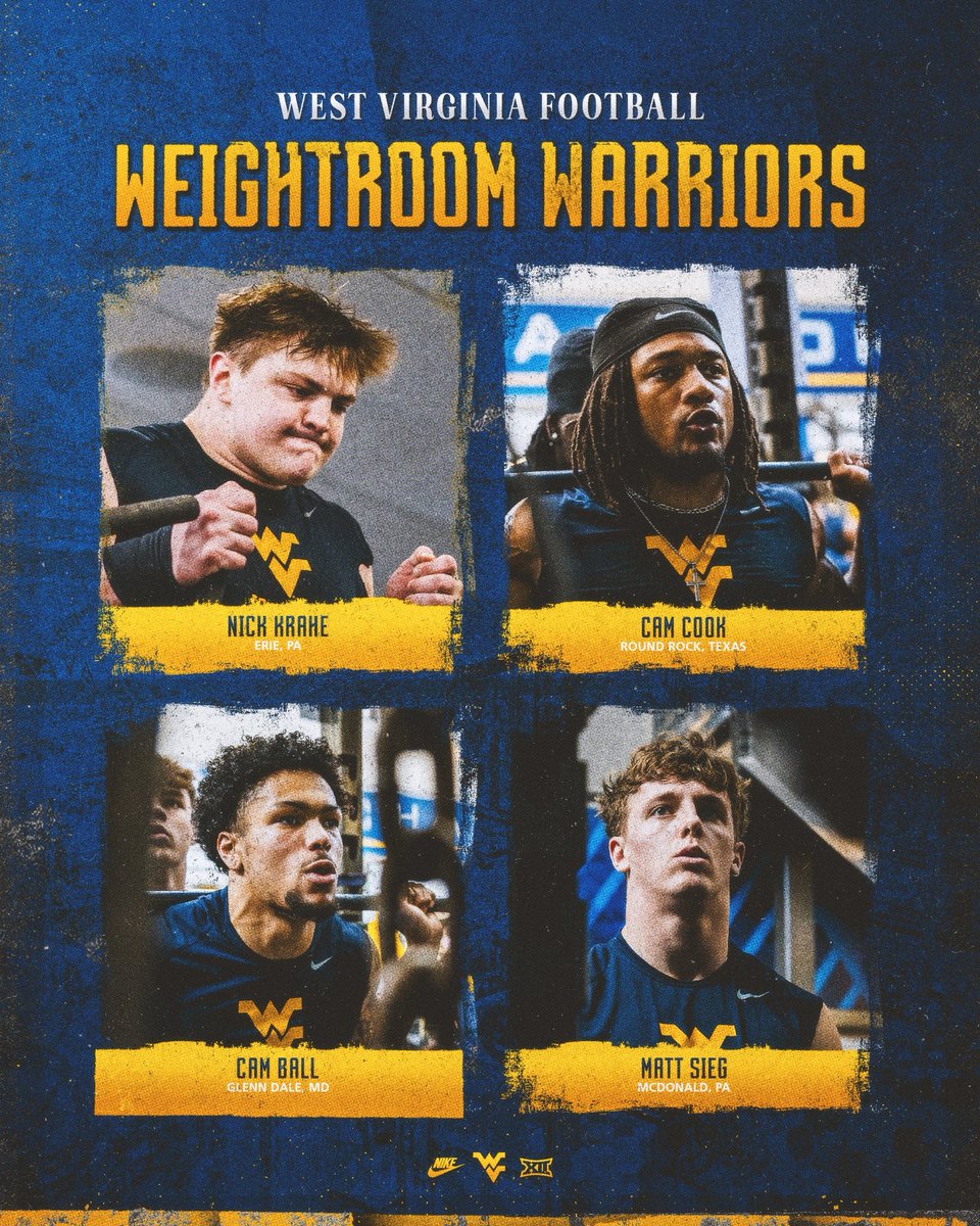 WVUfootball's tweet photo. 𝙒𝙚𝙞𝙜𝙝𝙩 𝙍𝙤𝙤𝙢 𝙒𝙖𝙧𝙧𝙞𝙤𝙧𝙨 𝙤𝙛 𝙩𝙝𝙚 𝙒𝙚𝙚𝙠 🦾

@nick_krahe 
@CamCook_4 
@cam5_k 
@matt_sieg https://t.co/cSKayrdTom