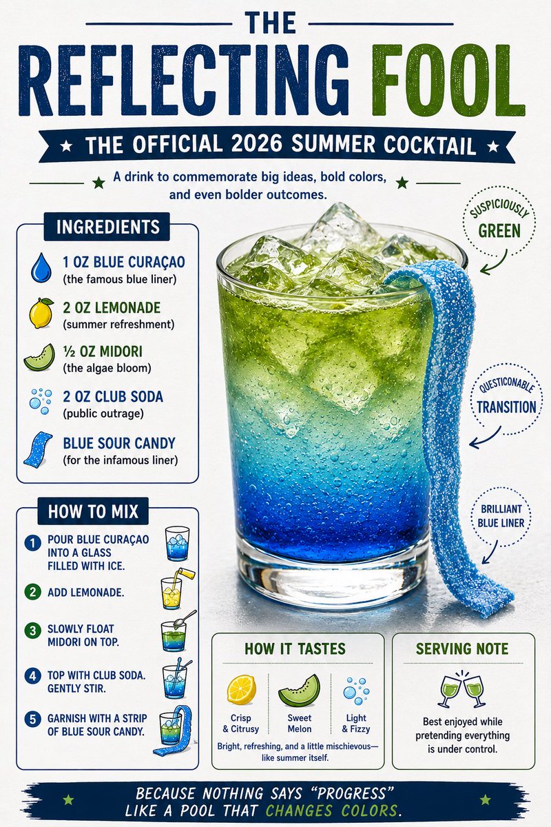kimbayne's tweet photo. Introducing the official Summer Cocktail of 2026: The Reflecting Fool. Starts blue. Ends green. Costs more than expected. https://t.co/W571jcezeC