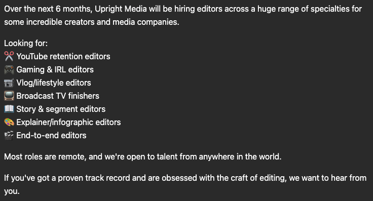 JoshMattingly's tweet photo. 🚨 We're in a FULL-ON editor hiring sprint  for some incredible creators and media companies.

We need editors of ALL TYPES! 

Ideal candidates have proof of work on YouTube or streaming platforms.

Please tag anyone who would be a good fit!

Apply here: https://t.co/4SFsupoL2k https://t.co/OSNNZ2Z7jg