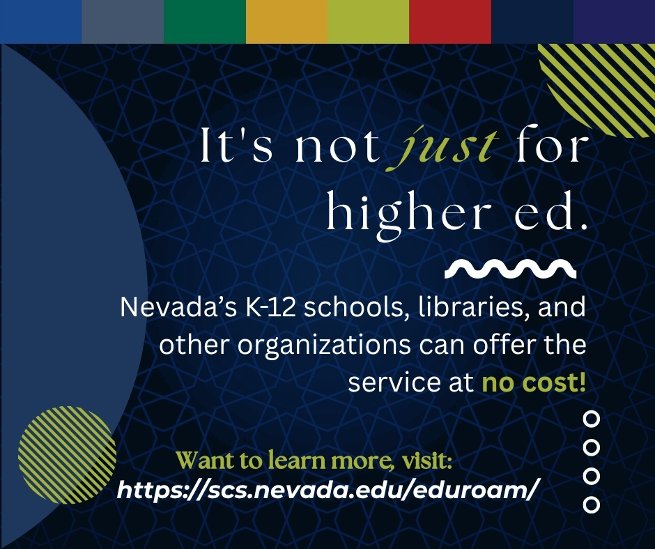 NSHE's tweet photo. Know a school, library, or public agency looking to improve Wi-Fi access?
@eduroam, provided in Nevada by the Nevada System of Higher Education, is available at no cost to eligible organizations. Learn more about the eduroam experience here: https://t.co/zBPMygOssu
#NSHE #eduroam