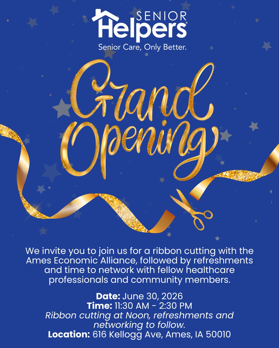 SeniorHelpersIA's tweet photo. Join us as we celebrate our new Ames office with a Ribbon Cutting alongside the Ames Economic Alliance! 

📍 616 Kellogg Ave, Ames, IA 50010
📅 June 30, 2026
⏰ 11:30 AM – 2:30 PM - Ribbon Cutting at Noon, refreshments &amp; networking to follow https://t.co/rSmMyfC7yj