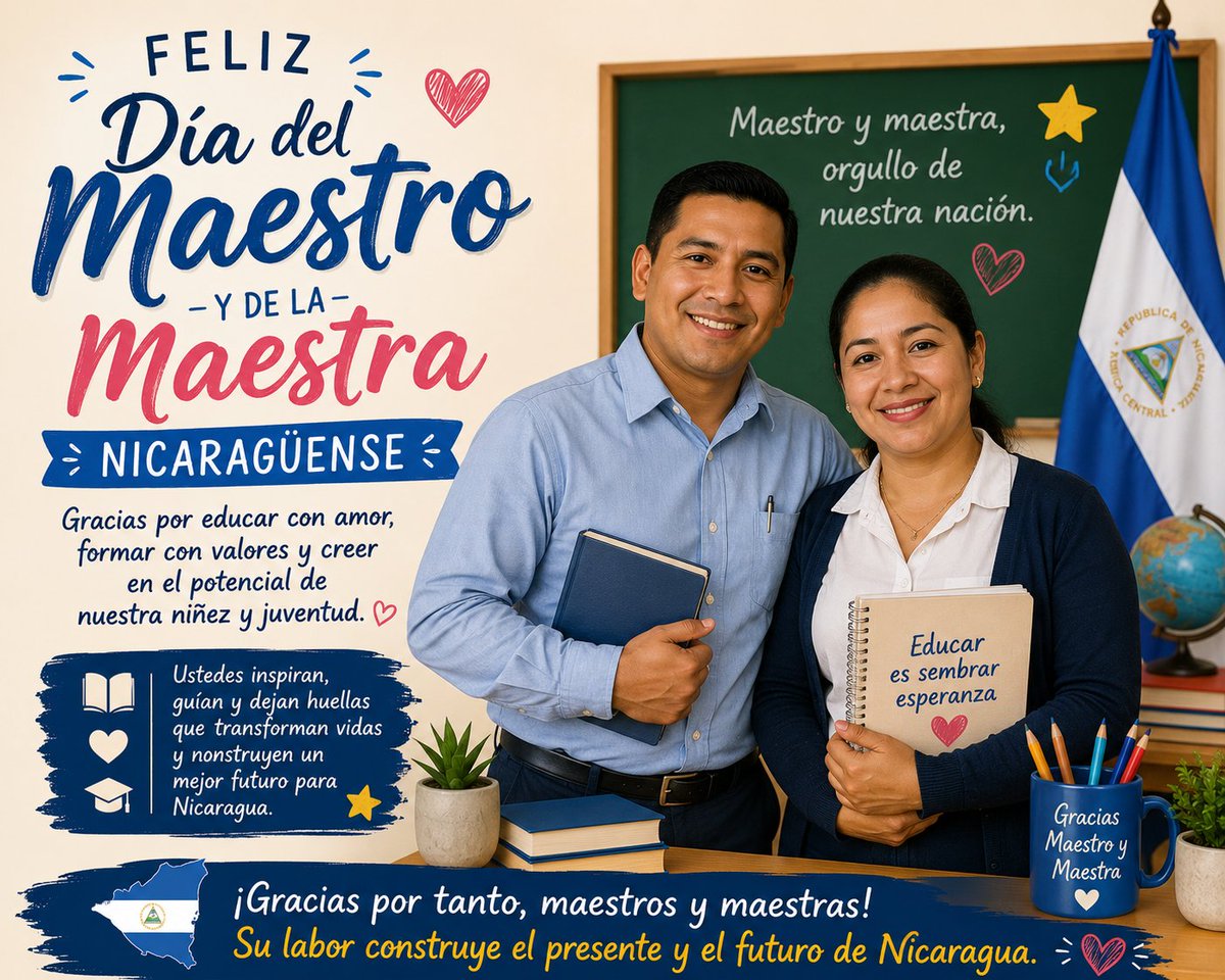 ADNNica's tweet photo. Feliz Día del Maestro Nicaragüense. ❤️🙌🏽
Hoy rendimos homenaje a quienes, con vocación, compromiso y dedicación, forman a las nuevas generaciones. https://t.co/XMO8pyptDE