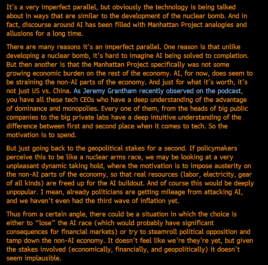 TheStalwart's tweet photo. In the newsletter, I wrote about one worrying, plausible path.

One in which the AI buildout continues to be seen as a quasi- nuclear arms race against China, and policymakers feel compelled to impose austerity on the non-AI economy to free up real resources for the buildout. https://t.co/EUOjpdgfC6