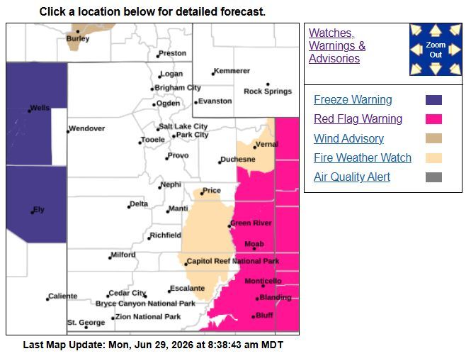 UtahWildfire's tweet photo. 🚩 Red Flag Warning Monday, Noon–8 PM, for Grand, Uintah &amp; San Juan counties. Strong winds (gusts to 45 mph), low humidity, and dry fuels will create critical fire weather. A Fire Weather Watch is also in effect Tuesday afternoon/evening. Use your #FireSense. #UTFire https://t.co/0UYTOBo2Ka