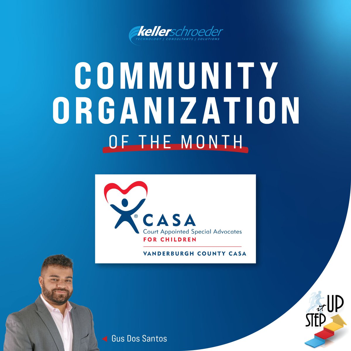 kellerschroeder's tweet photo. Congratulations to employee-owner Gus Dos Santos, Keller Schroeder's Step It Up For The Community Winner for the month of May! A $400 donation will be made in his name to Vanderburgh County CASA (Court Appointed Special Advocates for Children).
#kspositiveimpacts #stepitup https://t.co/Jimz7LJR0T
