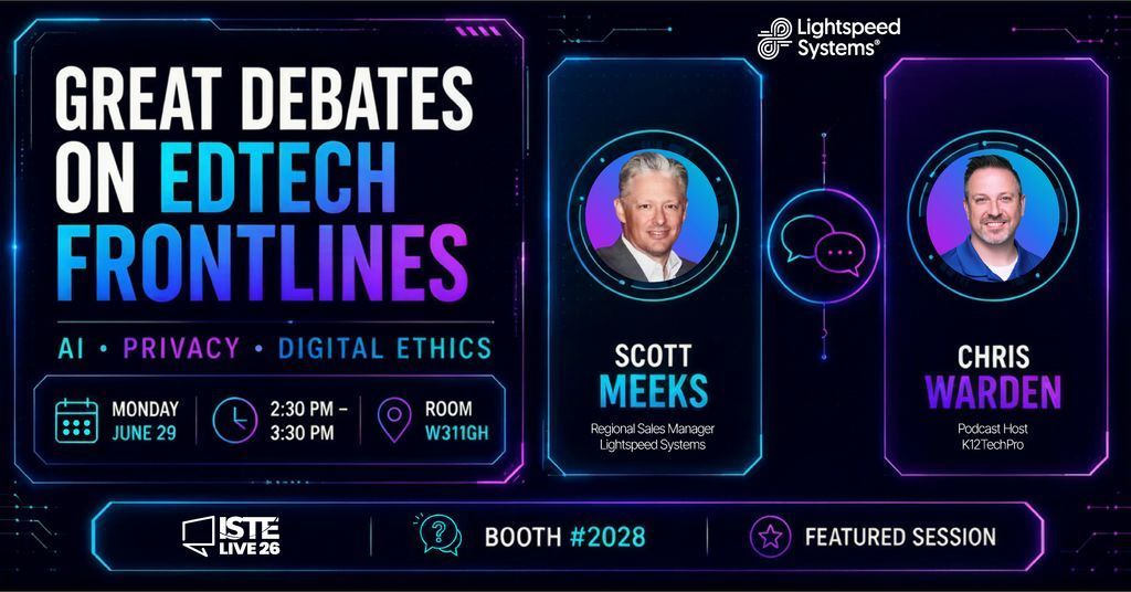lightspeedsys's tweet photo. These questions don't have easy answers. This afternoon at #ISTELive26, we're getting into them anyway. 💡
Scott Meeks + Chris Warden | 2:30 PM | Room W311GH
#ScreenTimeBalance #EdTech #StudentPrivacy #AIinEducation #K12 https://t.co/8bIA0pJ5jJ