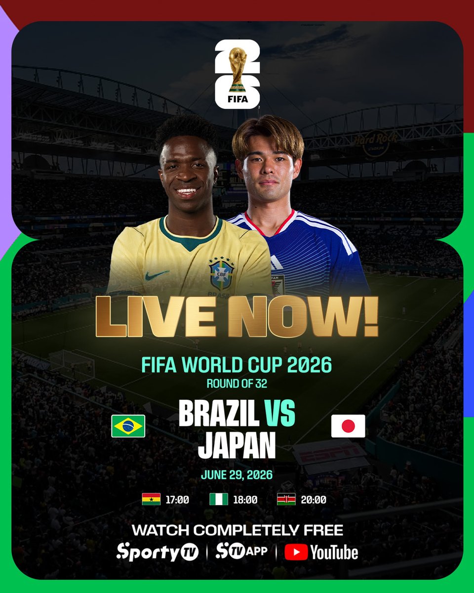 SportyTV's tweet photo. 🚨 THE WORLD CUP IS LIVE NOW ON SPORTYTV! 🏆

🇧🇷 BRAZIL 🆚 JAPAN 🇯🇵

Get the WC pass and watch it LIVE NOW on SportyTV, the SportyTV App or our YouTube channel! 📺📲

🔗🇳🇬 https://t.co/qc04cUhpbI
🔗🇬🇭 https://t.co/LAh5qpIH9c
🔗🇰🇪 https://t.co/GhfzrePSIj https://t.co/mdNyIOLk0i