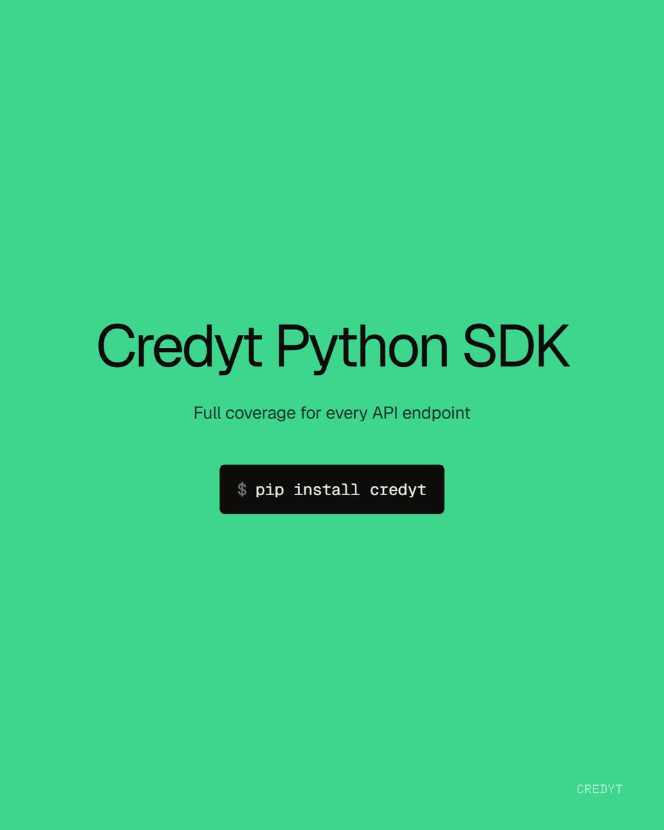 CredytAI's tweet photo. Credyt's Python SDK is available with full coverage of every API endpoint.

Typed methods for wallet operations, authorization, usage capture, grants, and the billing portal. Fits backend services, data pipelines, and inference workers.

Install with pip, configure the API key, and the SDK handles signing and retries. Python examples are in the docs alongside TypeScript.