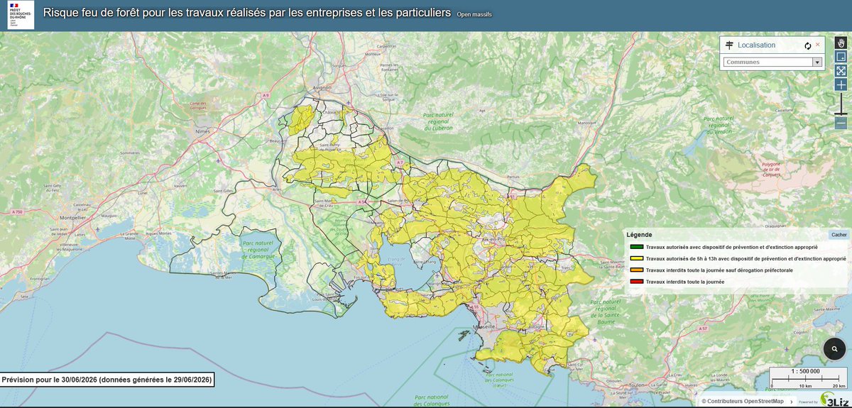 Image de Préfet de la région Provence-Alpes-Côte d'Azur - 🔥 #FeuxDeForêt | Demain mardi 30 juin 2026, dans tous les massifs, en jaune sur la carte, les trav