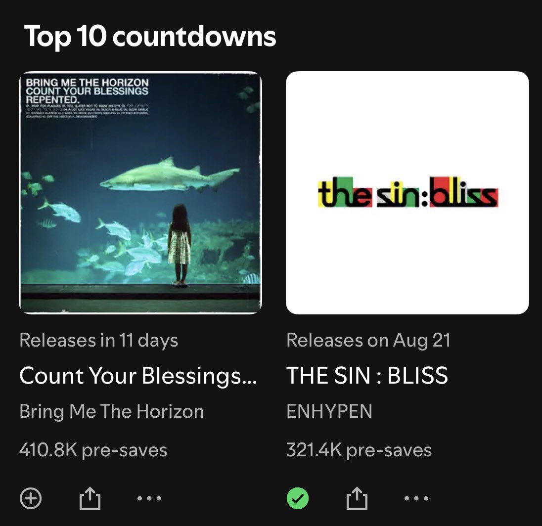EN_onSpotify's tweet photo. #THE_SIN_BLISS has climbed to #8 on the Spotify TOP 10 Countdowns Chart, with 321.4K Pre-Saves!

📈We have increased with 15K since yesterday. 

‼️🔊ENGENES - even though there is no promotion yet - LET'S TRY TO INCREASE OUR RATE TO 20K PER DAY!!

🟢Please make sure you have Pre-Saved from ALL Spotify accounts (up to 6) and SPREAD THE DIRECT LINK EVERYWHERE!! Let's go ENGENE!!
➡️🖇️https://t.co/L02YD1EAN5