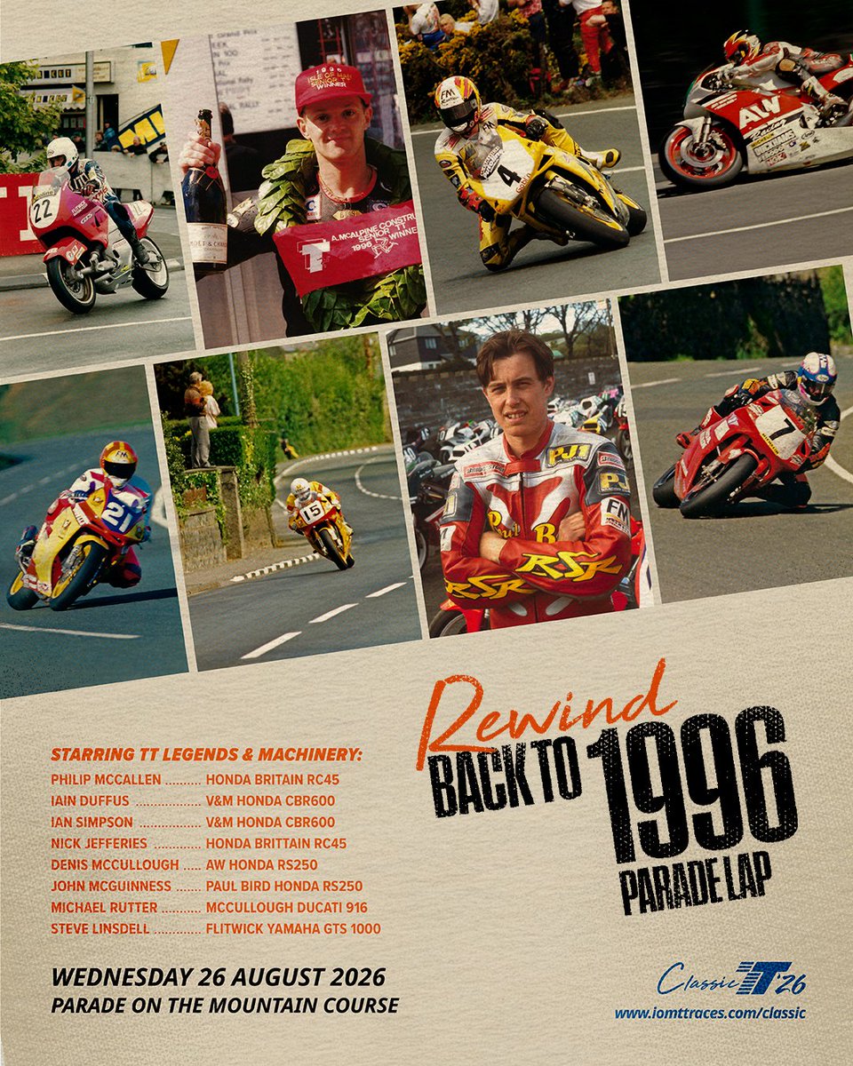 ttracesofficial's tweet photo. CLASSIC TT: BACK TO 1996 REWIND PARADE LAP

Read More 👉https://t.co/HEhZOtZ7NV https://t.co/UaBQJBXcO0