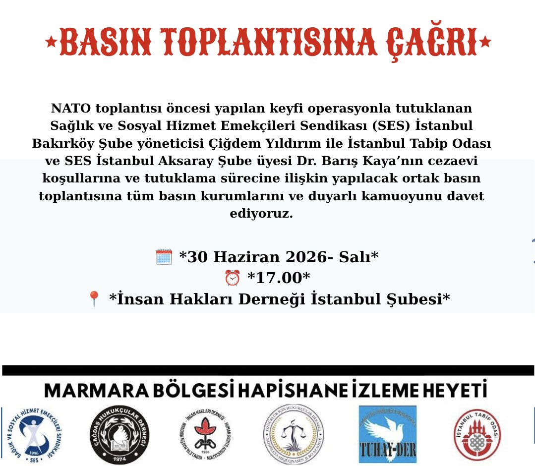 SESAksaraySube's tweet photo. 🗓️ *30 Haziran 2026- Salı*
⏰ *17.00*
📍 *İnsan Hakları Derneği İstanbul Şubesi*

NATO toplantısı öncesi yapılan keyfi operasyonla tutuklanan SES Bakırköy şube yöneticisi Çiğdem Yıldırım ve İTO ve SES Aksaray şube üyesi Dr. Barış Kaya’nın sürecine dair basın toplantısına çağrı. https://t.co/OGAcMP4UKE