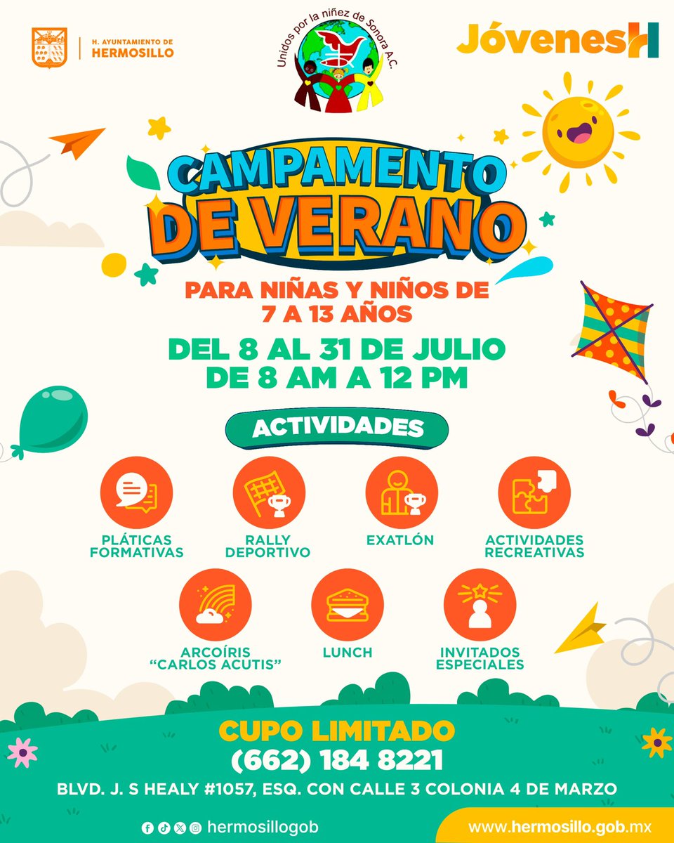 Juventud_HMO's tweet photo. ☀️ ¡Campamento de Verano 2026! 🏕️💚

Si tienes entre 7 y 13 años, te esperamos con actividades recreativas, deportivas, pláticas formativas, invitados especiales y mucha diversión.

📅 Del 8 al 31 de julio | 🕗 8:00 a.m. a 12:00 p.m.
⚠️ Cupo limitado
📲 Informes: (662) 184 8221 https://t.co/jKW1zPOpXu
