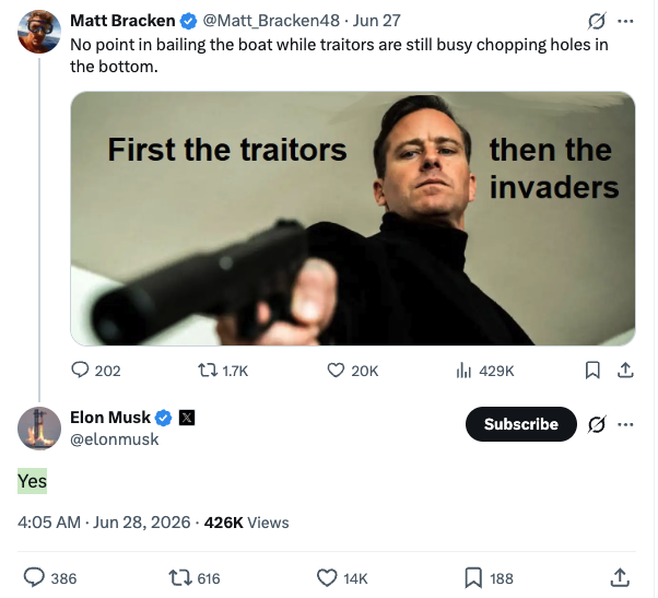 HistoryBoomer's tweet photo. The richest man in the world is advocating murdering his political opponents and immigrants.

This seems bad. https://t.co/RyCHKLYoZC