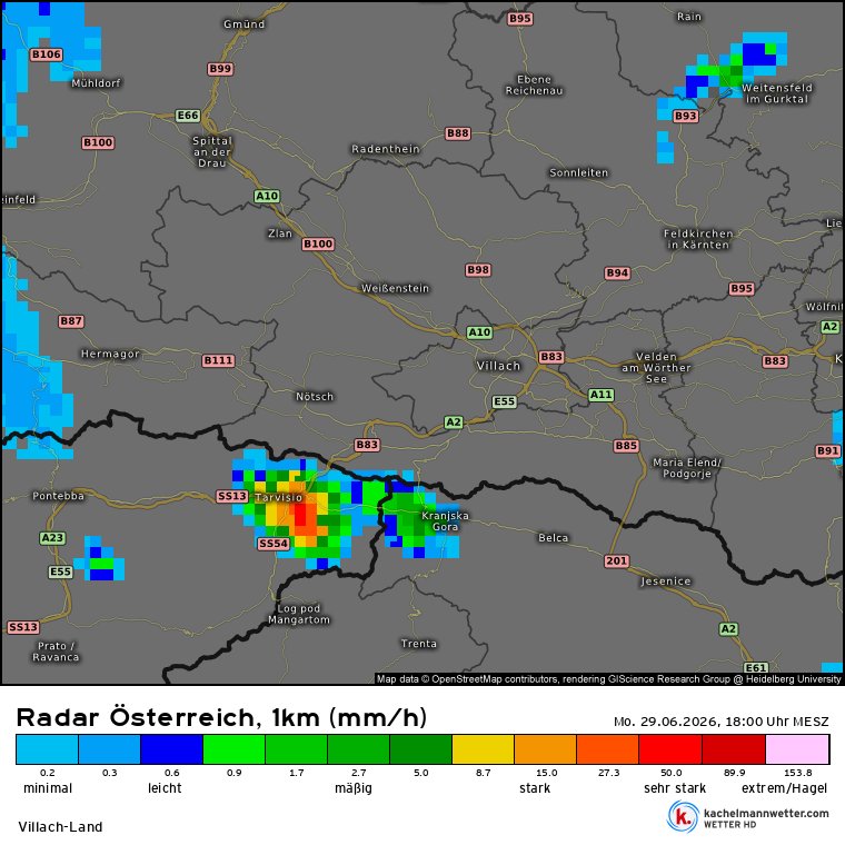 WWien10's tweet photo. ⛈️ Das erste Wärmegewitter ist südlich von #Villach im Raum #Tarvis entstanden.
🌡️ Aktuell #VillachLind (18:09): 32,3 °C 🥵 36,1 °C gefühlt 💧 Taupunkt 20,3 °C 💦 49 % LF
📡 Radar: Kräftige Zelle bei Tarvis, weitere Entwicklungen im Norden Kärntens. #Kärnten #Gewitter #Hitze https://t.co/D99UYKzeqC