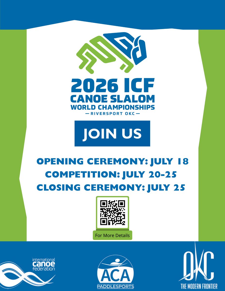 davidfholt's tweet photo. Oklahoma City has hosted the NBA Finals and the Women’s College World Series and many international competitions, but we have NEVER hosted the official World Championships in a perennial Olympic sport.  UNTIL NOW.  From July 20th through the 25th, the World Championships of Canoe Slalom will be staged at RIVERSPORT.  The countdown is on!

Over 300 athletes from 50 counties are coming to OKC for this historic moment.  This is an excellent opportunity to get introduced to the events we will host in the 2028 Los Angeles Olympics! 

For tickets and other details, visit https://t.co/4ztCbd8JDy!