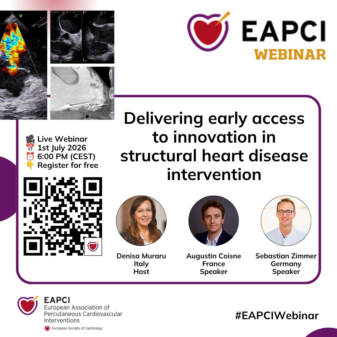 EAPCIPresident's tweet photo. The EAPCI series of 5️⃣ Webinars on VHD goes on - Episode 3️⃣

Early phenotyping, advanced imaging and new technologies can change the trajectory of Structural Heart Disease 🚀

Learn how to: 
📸 Use advanced Echo and CT for early diagnosis and treatment planning!
Leverage AI and digital workflows for screening and multidisciplinary decision-making 🤖 
🤝 Strengthen collaboration across the Heart Team

📅 July 1st 
⏰ 6.00 PM CEST

Register for free 🔗 https://t.co/MDcC6bBGUS 
❓Ask your questions and discuss with us LIVE❔

@escardio @EACVIPresident 
#EAPCIWebinar #EAPCIfamily #EAPCIcommunity