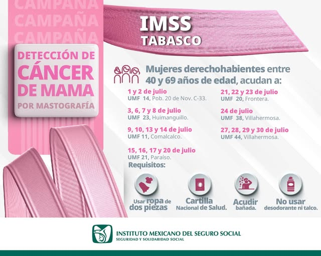 Tabasco_IMSS's tweet photo. El #IMSSTabasco invita a derechohabientes 👩🏻👩🏻‍🦱 entre 40 a 69 años a la Jornada de #Mastografía🌸  

Consulta las fechas 👇🏽 https://t.co/K2WyYGxASd
