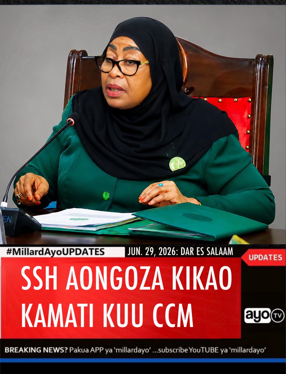 millardayo's tweet photo. Mwenyekiti wa Chama cha Mapinduzi (CCM) Taifa na Rais wa Jamhuri ya Muungano wa Tanzania, Dkt. Samia Suluhu Hassan leo Juni 29, 2026 ameongoza Kikao Maalum cha Kamati Kuu ya Halmashauri Kuu ya CCM kilichofanyika Jijini Dar es salaam.
#MillardAyoUPDATES https://t.co/wSkPvGG5Li