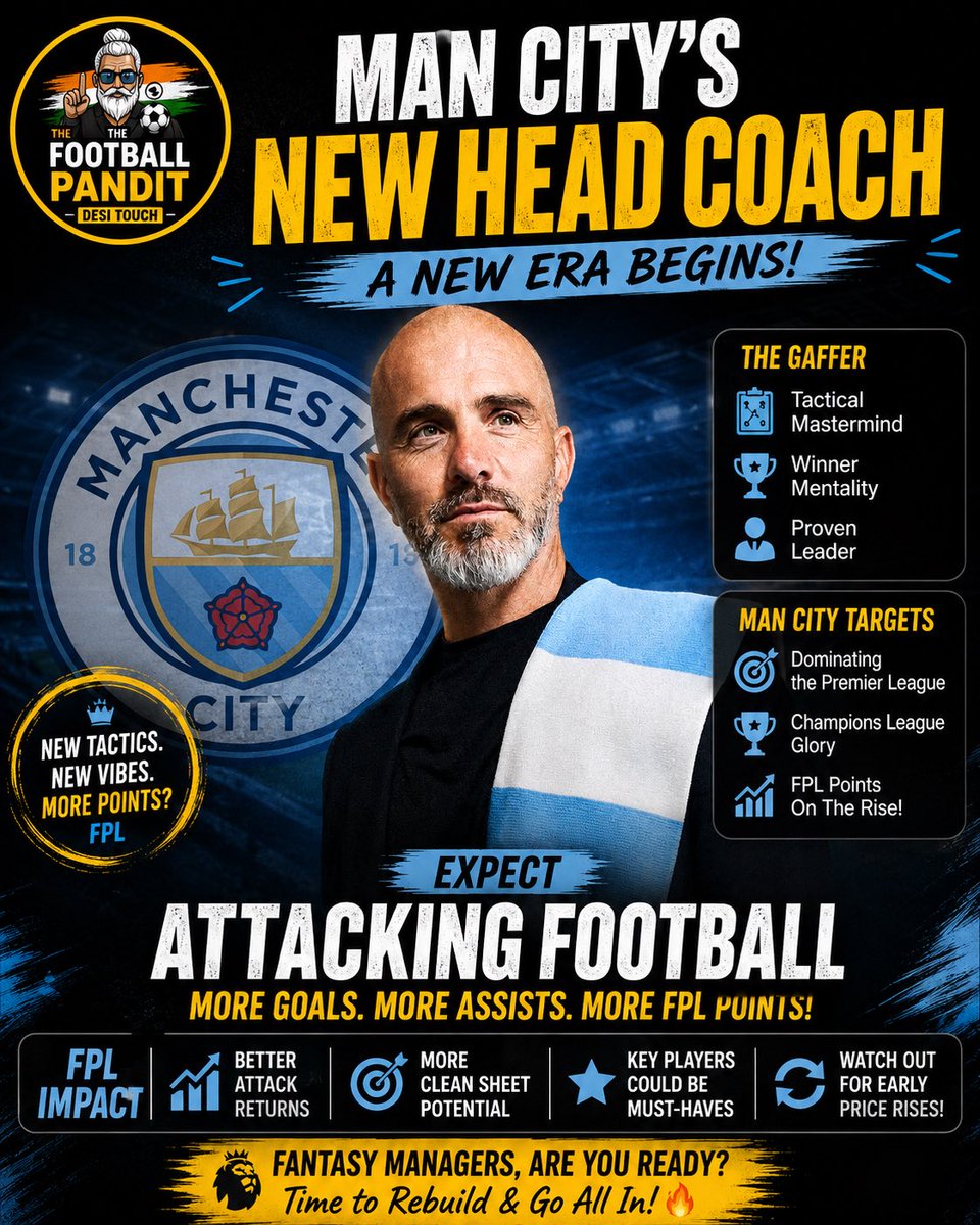 FootballPandit_'s tweet photo. 🚨 NEW ERA AT MAN CITY! 🔵

Enzo Maresca returns as City’s new head coach. 📋

Fresh tactics. New roles. Massive FPL implications. 👀

Who’s the biggest winner?
💙 Haaland
🎯 Foden
⚡ Marmoush
🪄 Reijnders

Drop your predictions 👇

#FPL #MCFC #PremierLeague https://t.co/cQmnPcRuPB