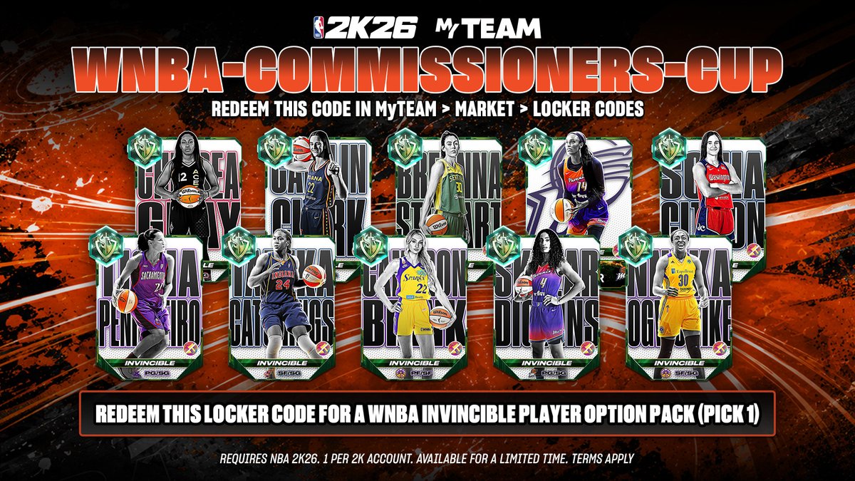 NBA2KMyTEAM's tweet photo. 🏆 Celebrate the Commissioner's Cup in MyTEAM! 🔥

Redeem code: WNBA-COMMISSIONERS-CUP
Unlock a WNBA Invincible Player Option Pack and pick an elite squad upgrade! 🛡️⚡