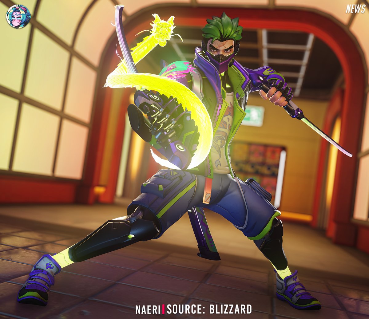 OverwatchNaeri's tweet photo. New #Overwatch x YOASOBI Collab Genji Skin 🐉

@YOASOBI_staff collaboration skins will be released on June 30 🎧 https://t.co/54LZLoKGaC