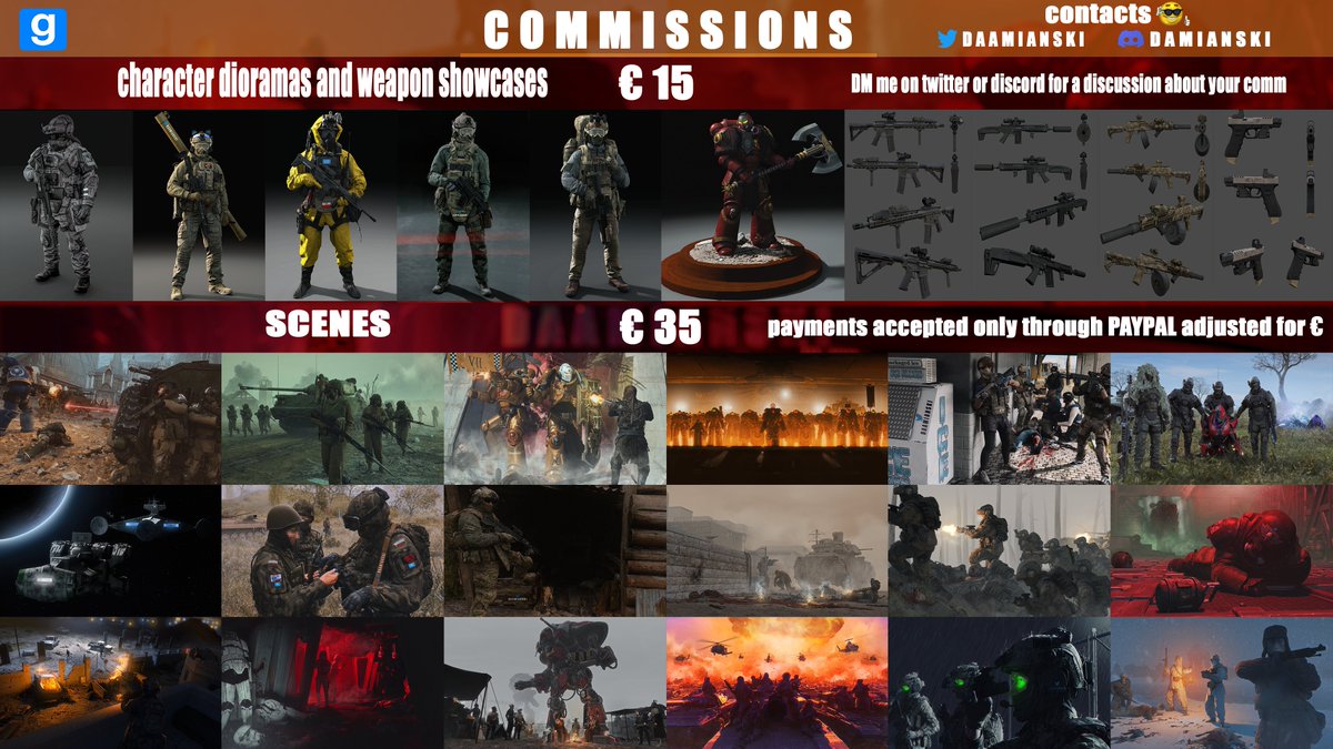 Daamianski's tweet photo. the current comms sheet
prices are down from 50 to 35 and 20 to 15!
retweets would be appreciated! https://t.co/uaIIzmHVhc