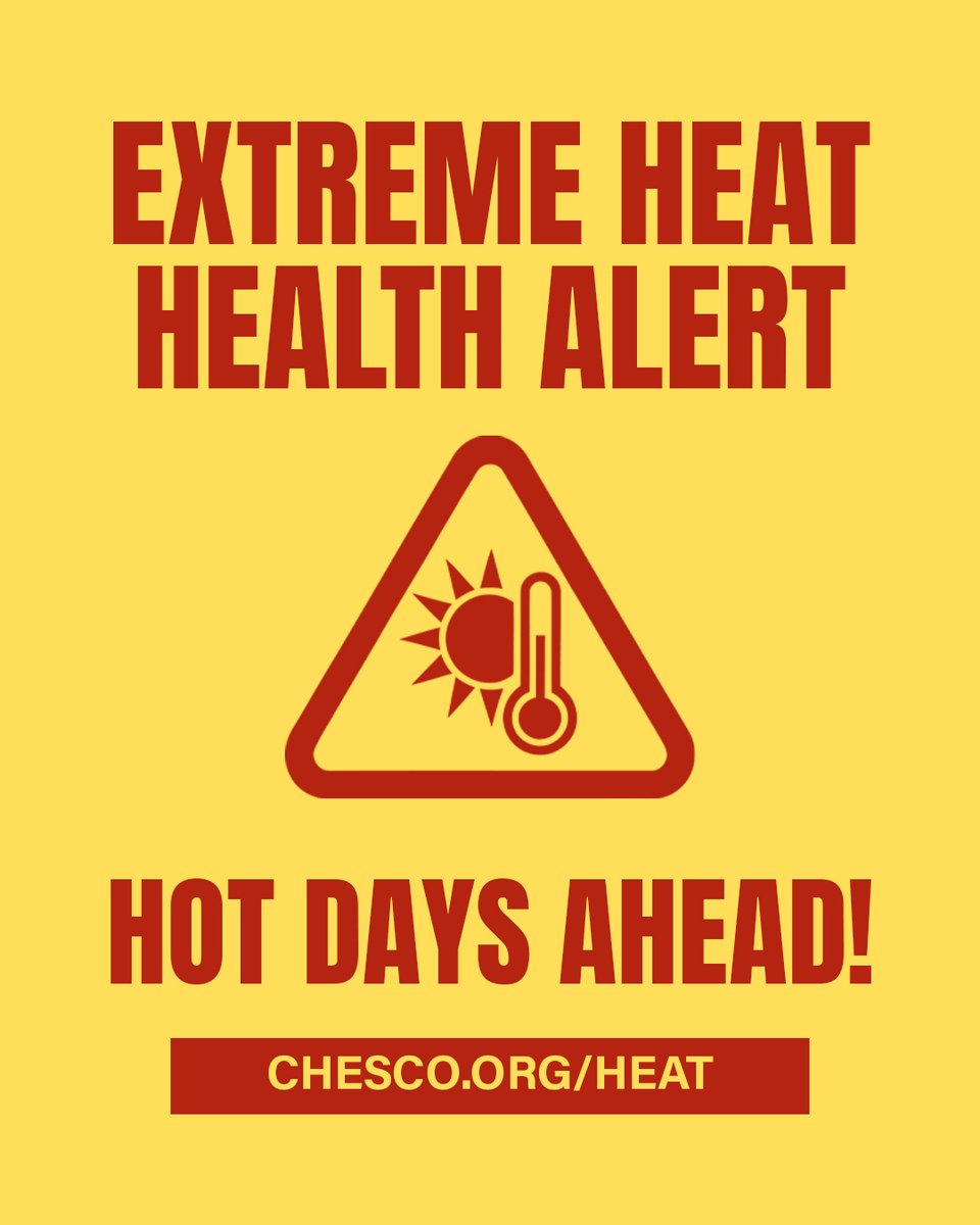 ChescoHealth's tweet photo. The Chester County Health Department has issued an Extreme Heat Health Alert from July 1 to July 4 due to the @NWS_MountHolly forecast for dangerous temperatures. Check out https://t.co/T5ubVh2Myk to learn what you can do to stay safe during this time. https://t.co/CQ7YRSM8Kl