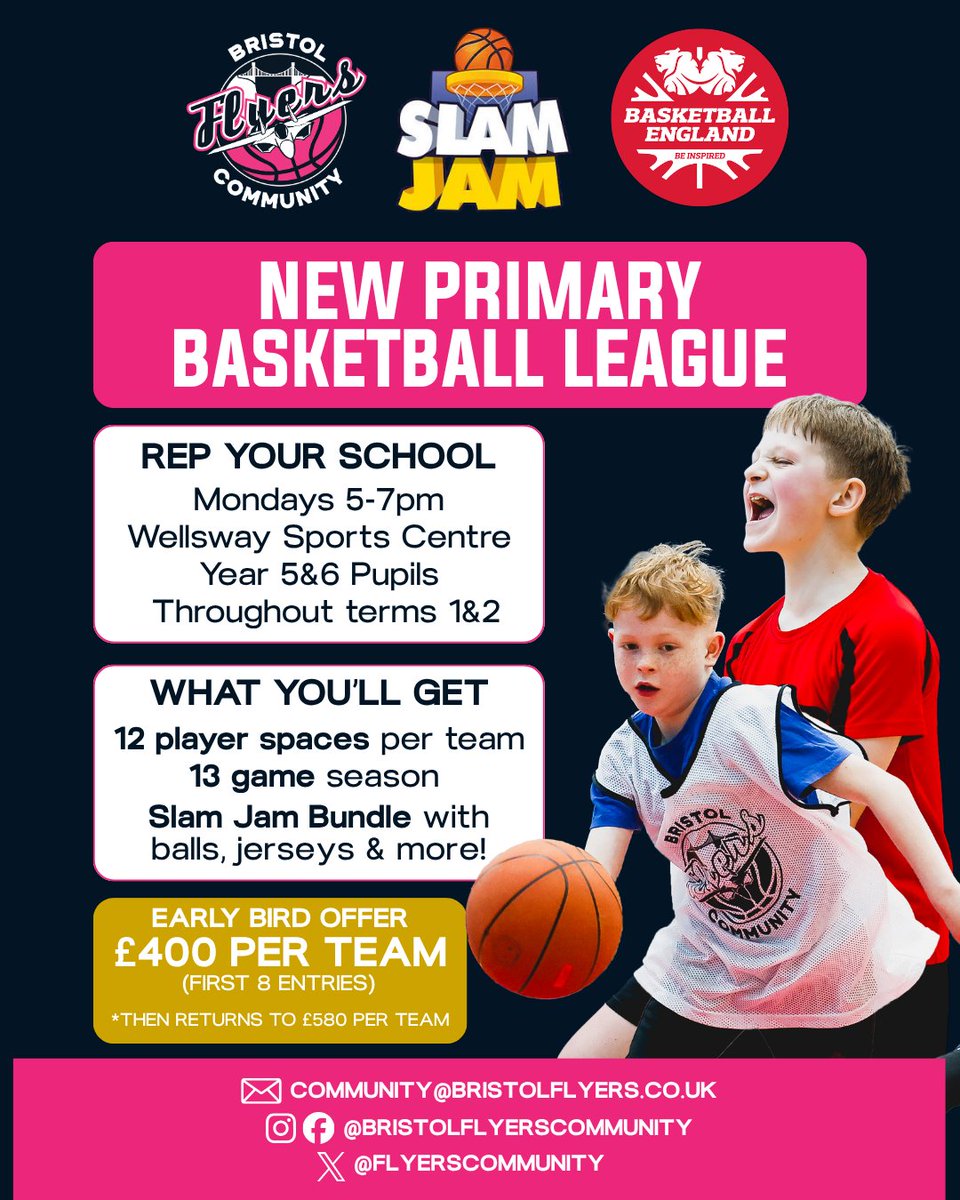 BristolFlyers's tweet photo. Introducing the @FlyersCommunity 𝗦𝗹𝗮𝗺 𝗝𝗮𝗺 𝗦𝗰𝗵𝗼𝗼𝗹 𝗟𝗲𝗮𝗴𝘂𝗲! 🏀🏫

Starting this September, we're tipping off a new Primary School Basketball League in Bristol for children in years 5 & 6!

Rep your school and receive a @bballengland Slam Jam pack included in your entry!

Find out more and sign up 👉 https://t.co/coL2FqFXpJ