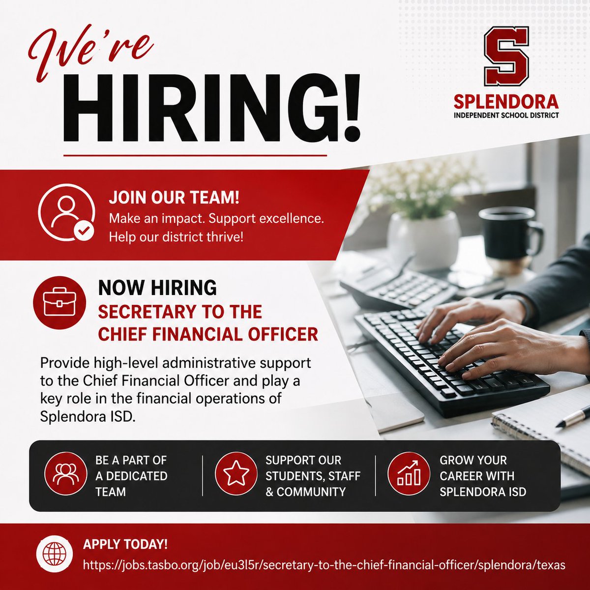 SISDHR's tweet photo. We’re hiring! Splendora ISD is looking for a Secretary to the Chief Financial Officer. This position provides high-level administrative support to the CFO and plays an important role in district financial operations. Apply today:
 https://t.co/ipyS112GKo https://t.co/rY847Qgm7H
