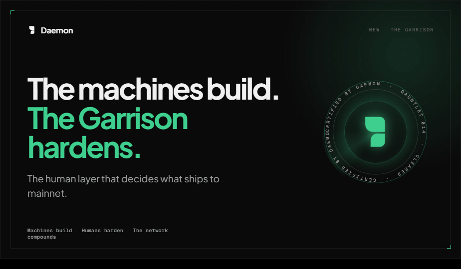 DaemonTerminal's tweet photo. Most tokens give you nothing to do.

You buy.
You watch the chart.
You wait.

$DAEMON is different.

We are building the Garrison: a public bug-hunting crew for AI-built Solana apps. https://t.co/QZTWci7Fy7
