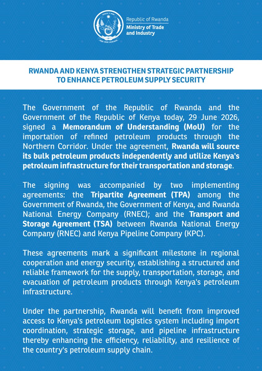 RwandaTrade's tweet photo. Rwanda and Kenya strengthen strategic partnership to enhance petroleum supply security. https://t.co/2B9cmbJtAL