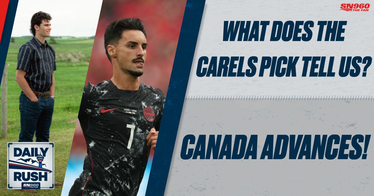 Sportsnet960's tweet photo. 📲ON DEMAND: Daily Rush w/ @shanvirjee &amp; @connorgronsdahl:

🔥 What does the Carels draft pick tell us about the #Flames?

🍁 Canada advances to the Round of 16!

🔊 https://t.co/qKR1NEKlRK https://t.co/Oo9OSmj3TA