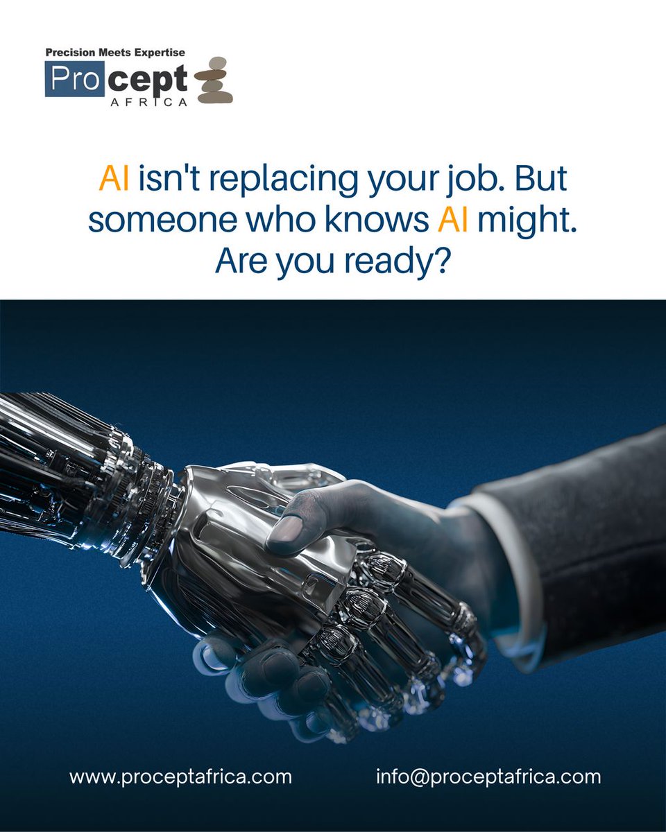 sparkberry3's tweet photo. AI won’t replace you, but a professional who uses AI will.

Take control of the future. Learn how to integrate AI tools to streamline workflows, cut costs, and boost team output in our course: Improving Organizational Performance with AI.

Register today: info@proceptafrica.com https://t.co/LLpdXUncnG